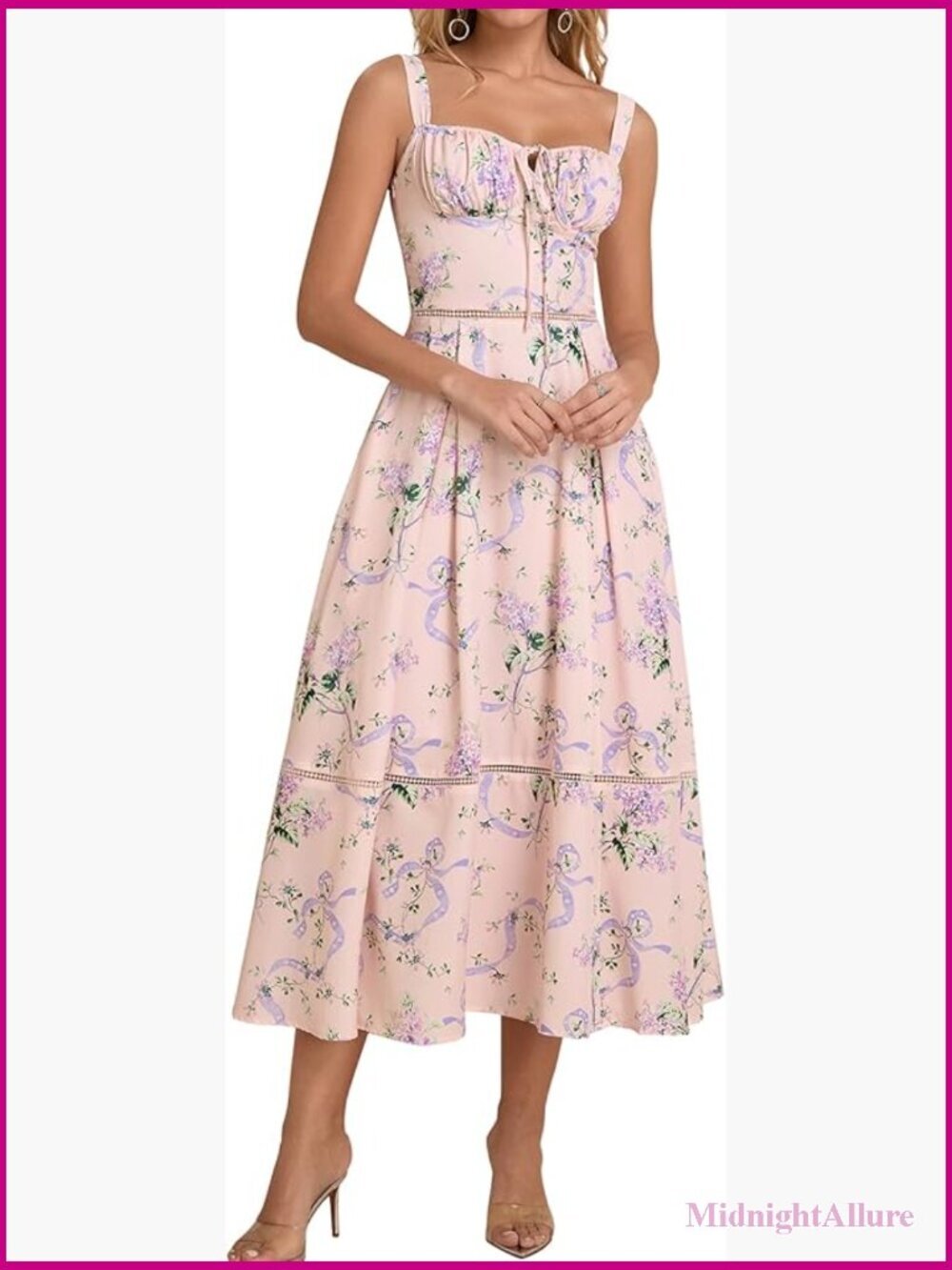 Floral Corset Midi Dress Lace Up Cutout Flow Summer Wedding Guest Dress Pockets